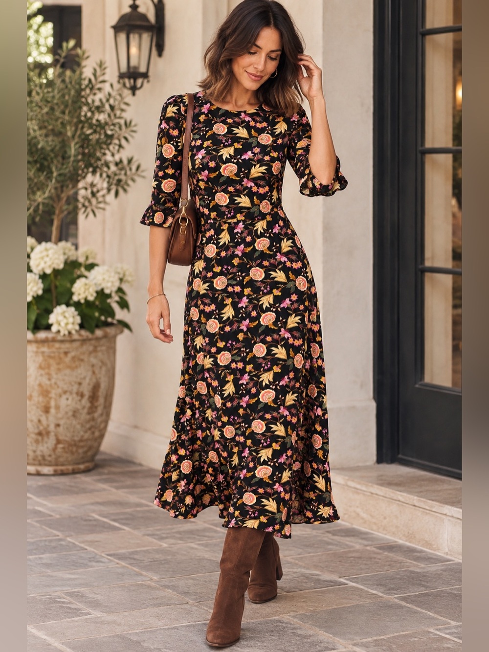NWOT LOFT Black Floral Midi Dress with Pink & Peach Blooms Romantic Whimsigoth